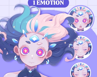Puede incluir: Una ilustración digital de una princesa cósmica con cabello azul y rosa, vestida con un atuendo azul oscuro y negro con estrellas. La princesa tiene ojos grandes y brillantes y una expresión de sorpresa. La imagen incluye el texto "PNGTUBER COSMIC PRINCESS" y "1 EMOTION".