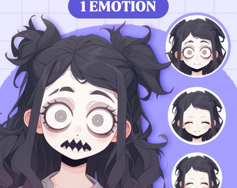 May include: A digital illustration of a girl with dark hair and a white face. She has large, wide eyes and a slightly open mouth with sharp teeth. The image is labeled "PNGTuber Weirdo Girl 1 Emotion".
