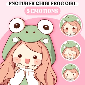 Puede incluir: Una ilustración de dibujos animados de una niña con un sombrero de rana verde con diferentes expresiones faciales. El texto "PNGTUBER CHIBI FROG GIRL 5 EMOTIONS" está en la parte superior de la imagen.