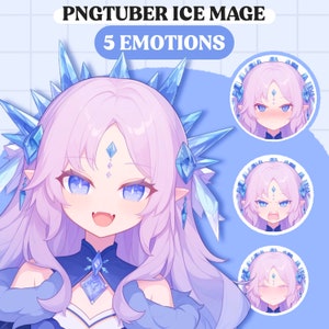 May include: A digital illustration of a purple-haired anime character with blue eyes and a crown of ice crystals. The character has five different facial expressions, including happy, sad, angry, surprised, and scared. PNGTuber Ice Mage 5 Emotions.