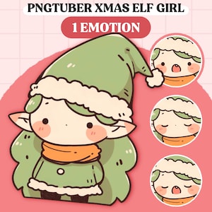 以下が含まれることがあります： 緑色の髪をしたクリスマスエルフの女の子の漫画イラスト。白い縁取りのある緑色の帽子、緑色のセーター、オレンジ色のマフラーを着用しています。エルフの女の子は、驚いた、眠そうな、口を開けて驚いたなど、さまざまな表情をしています。