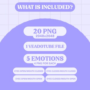 May include: A purple graphic with the text "WHAT IS INCLUDED?" in white. The graphic lists the following: 20 PNG files, 2048x2048 pixels, 1 VEADOTUBE file, 5 EMOTIONS, 4 PNG for each, EYES OPEN/MOUTH CLOSED, EYES CLOSED/MOUTH CLOSED, EYES OPEN/MOUTH OPEN, EYES CLOSED/MOUTH OPEN.
