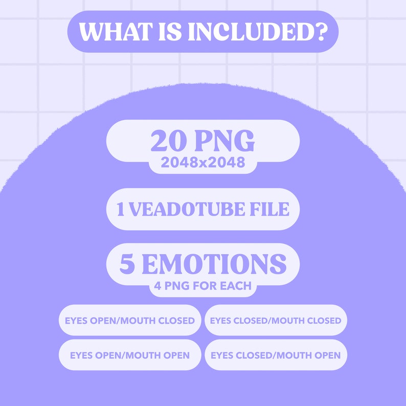 May include: A purple graphic with the text "WHAT IS INCLUDED?" in white. The graphic lists the following: 20 PNG files, 2048x2048 pixels, 1 VEADOTUBE file, 5 EMOTIONS, 4 PNG for each, EYES OPEN/MOUTH CLOSED, EYES CLOSED/MOUTH CLOSED, EYES OPEN/MOUTH OPEN, EYES CLOSED/MOUTH OPEN.