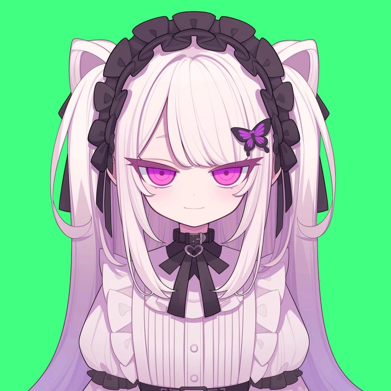 May include: A digital illustration of a young girl with long white hair, wearing a black and white maid outfit with a purple butterfly on her hair. She has purple eyes and a mischievous smile.