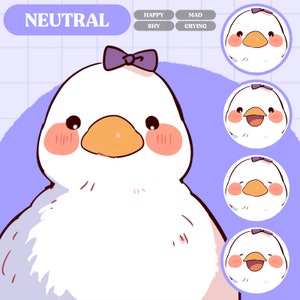 May include: A white cartoon duck with a purple bow on its head. The duck has a neutral expression with pink cheeks. The image includes the text "NEUTRAL" and a row of buttons labeled "HAPPY", "MAD", "SHY", and "CRYING".