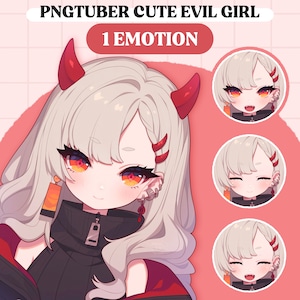 Peut inclure: Illustration numérique d'une jeune fille de style anime avec des cheveux gris clair, des cornes rouges et des yeux orange. L'image comprend le texte "PNGTUBER CUTE EVIL GIRL" et "1 EMOTION". Des images plus petites montrent différentes expressions faciales.