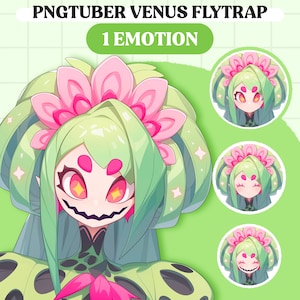 Pode incluir: Uma ilustração de desenho animado de uma armadilha de mosca de Vênus verde com flores rosa na cabeça. A armadilha de mosca tem olhos grandes e brilhantes de cor amarela e um sorriso de dentes. A imagem é rotulada como "PNGTUBER VENUS FLYTRAP 1 EMOTION".