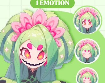 May include: A cartoon illustration of a green Venus flytrap with pink flowers on its head. The flytrap has large, bright yellow eyes and a toothy grin. The image is labelled "PNGTUBER VENUS FLYTRAP 1 EMOTION".