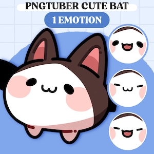 May include: A cartoon illustration of a cute brown and white bat with a happy expression. The bat has large, round eyes and a small, pink nose. The bat is standing on its hind legs and has its wings folded behind its back. The image includes the text "PNGTUBER CUTE BAT" and "1 EMOTION".