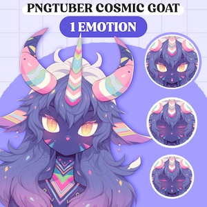 May include: A purple and pink cosmic goat with a rainbow horn and a colorful design on its body. The goat has a surprised expression with large yellow eyes. The image is labeled "PNGTUBER COSMIC GOAT 1 EMOTION".