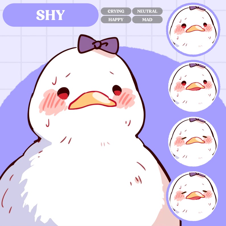 May include: A cartoon illustration of a shy white bird with a pink blush on its cheeks. The bird has a small bow on its head and is looking down. The image is labeled "SHY" and has buttons for "Crying", "Happy", "Neutral", and "Mad".