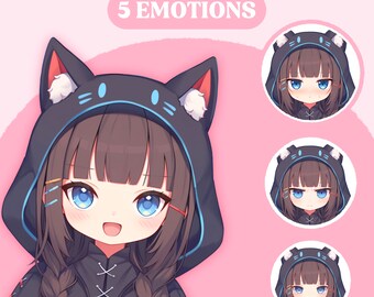 PNGTuber-model | Chibi Cat Girl PNGTuber Premade-model | Chibi PNG Knol Asset | Leuk dierlijk PNGTuber-model | Vtuber-activa, VeadoTube-model