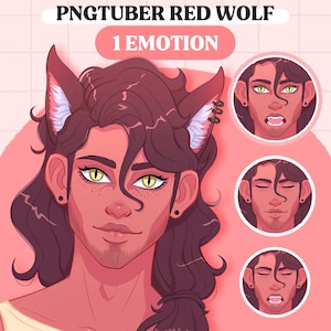 Pode incluir: Ilustração digital de uma pessoa com orelhas de lobo e olhos amarelos. A imagem inclui o texto "PNGTUBER RED WOLF" e "1 EMOTION". Expressões faciais adicionais são mostradas em molduras circulares.