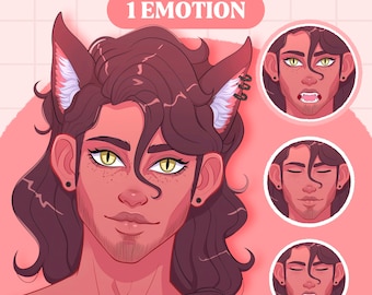 May include: Digital illustration of a person with wolf ears and yellow eyes. The image includes the text "PNGTUBER RED WOLF" and "1 EMOTION". Additional facial expressions are shown in circular frames.