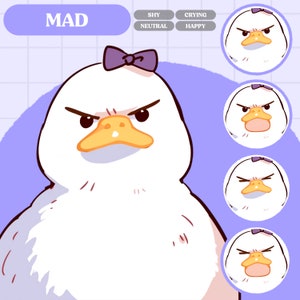 May include: A cartoon duck with a purple bow on its head is shown with a mad expression. The duck has a yellow beak and white feathers. The image is part of a set of images showing different emotions.