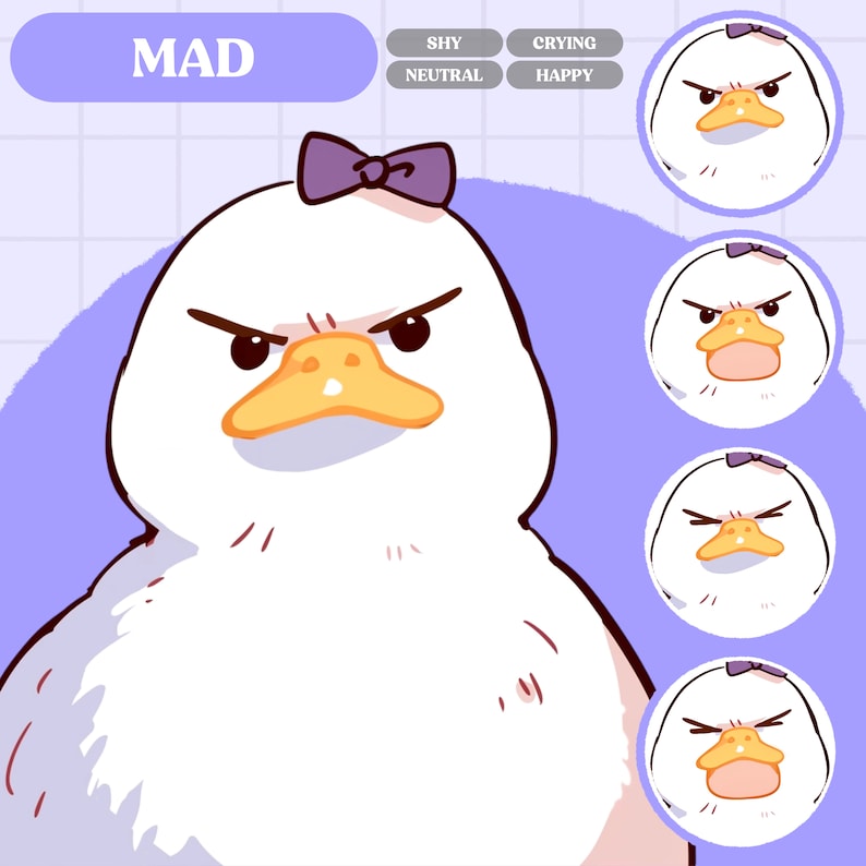 May include: A cartoon duck with a purple bow on its head is shown with a mad expression. The duck has a yellow beak and white feathers. The image is part of a set of images showing different emotions.