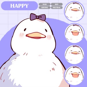 May include: A cartoon illustration of a white duck with a purple bow on its head. The duck has a happy expression with pink cheeks and a slightly open beak. The duck is wearing a purple bow on its head. The image is set against a light purple background with a grid pattern.