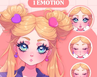 Puede incluir: Una ilustración de dibujos animados de una niña rubia con coletas que lleva un uniforme de marinero azul y morado. La niña tiene grandes ojos azules y un rubor rosado en las mejillas. La imagen incluye el texto "PNGTUBER BLONDE IDOL GIRL 1 EMOTION".