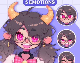 May include: A cartoon cow girl with brown hair and horns, wearing a pink and white checked bow tie and a black choker. The image is titled "PNGTUBER COW GIRL 5 EMOTIONS".