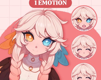 Puede incluir: Ilustración de una PNGTuber Heterocromía Girl con una emoción. La niña tiene cabello rubio claro en trenzas, con un ojo amarillo y el otro azul. La imagen incluye tres expresiones faciales adicionales.