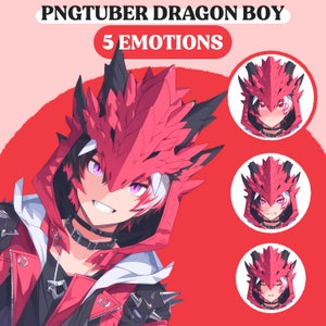 Könnte beinhalten: Ein rot-drachen-thematischer Charakter mit einer rot-schwarzen Kapuzenjacke, einem schwarzen Choker und violetten Augen. Der Charakter trägt einen roten Drachenkopf als Helm. Das Bild enthält den Text "PNGTUBER DRAGON BOY" und "5 EMOTIONS".