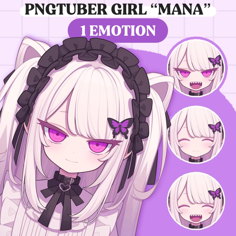 May include: A digital illustration of a girl with white hair, purple eyes, and a black and white outfit. She has a purple butterfly in her hair. The image is titled "PNGTUBER GIRL "MANA" 1 EMOTION".