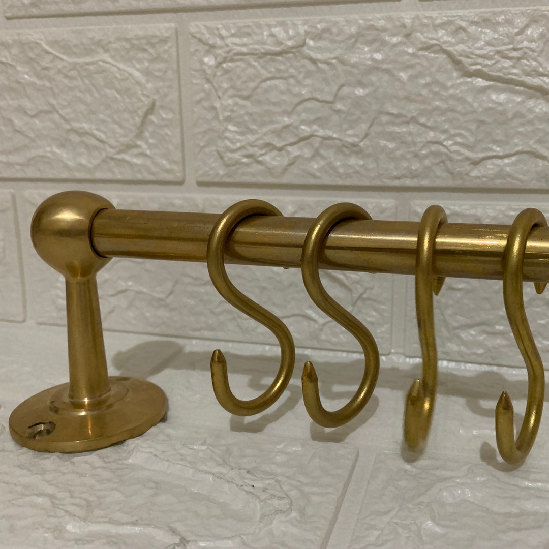 Antique Brass Pot Rack, Brass Kitchen Rail With Hooks, Brass Pipe Pan