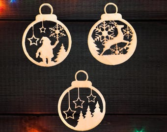 Décorations de Noël en bois gravées au laser, décoration d'arbre des fêtes, cadeau personnalisé (paquet de 3)