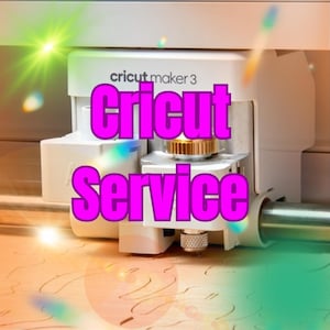 May include: A white Cricut Maker 3 cutting machine with a pink "Cricut Service" text overlay. The machine is on a light brown surface with a green and blue background.