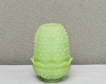Fenton Uranium Glass Hobnail Fairy Lamp, Vintage Hobnail Fairy Lamp, Lime Green Satin Fairy Lamp