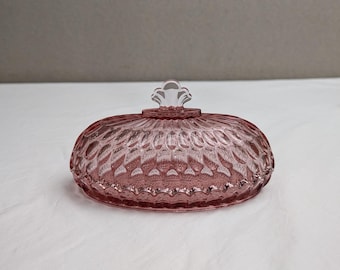 Vintage Cranberry Rose  Pink Glass Thumb Print Oval Lidded Butter/Trinket Dish