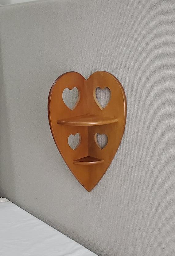 Vintage Wooden Corner Shelf with Hearts - Wall Decor