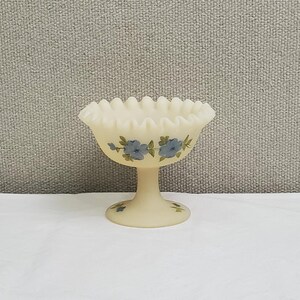 Vintage Fenton Satin Custard Compote: Hand-Painted Floral Pedestal Dish