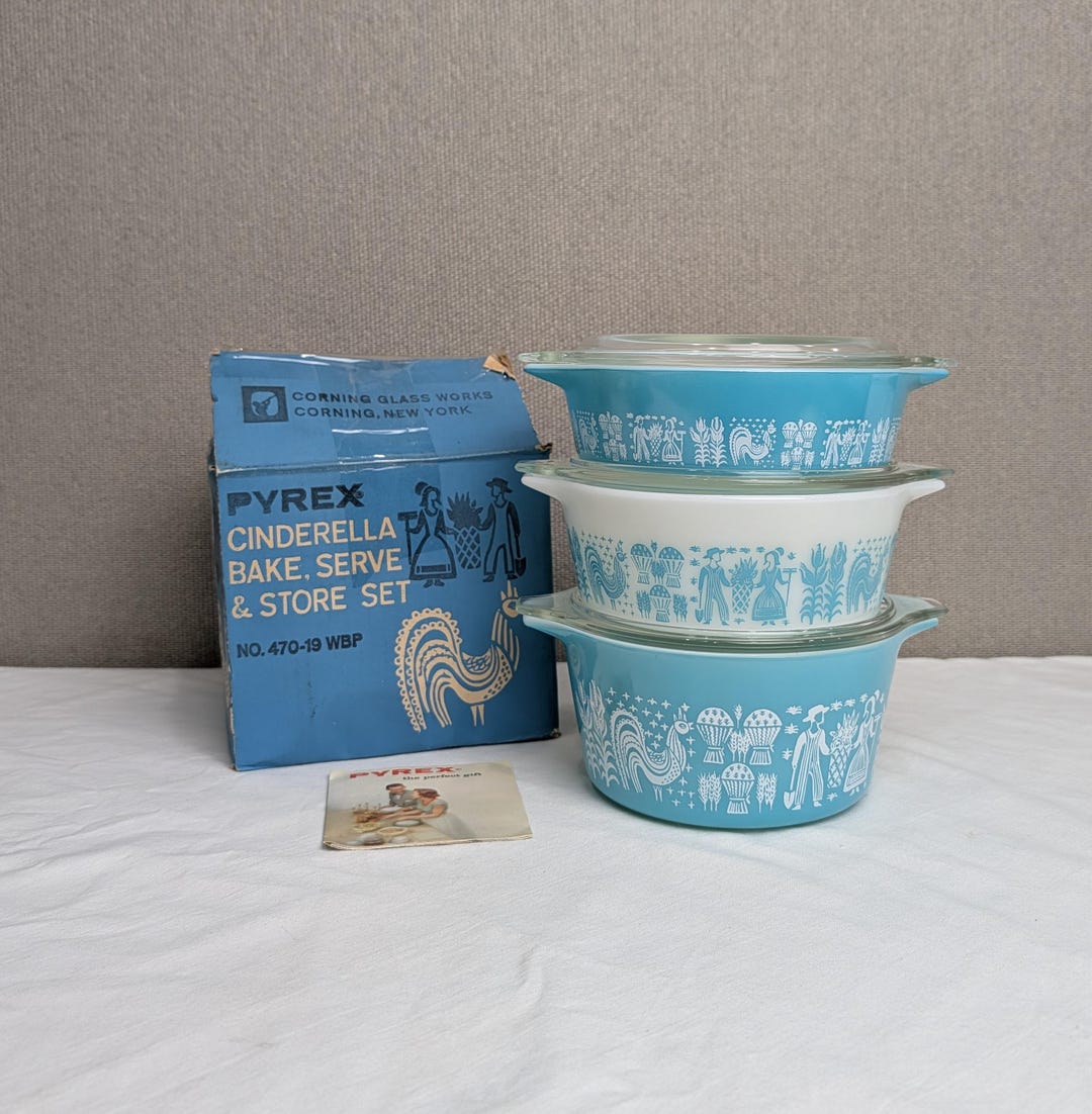 Pyrex Butterprint Set Vintage Pyrex Amish Butterprint Cinderella Set, Turquoise White Bake ...