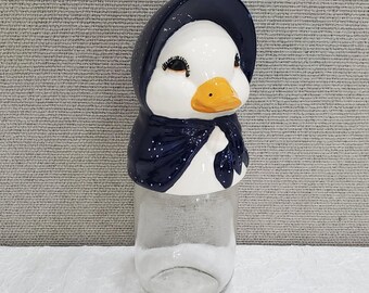 Vintage Ceramic Mother Goose Jar Topper: Navy Bonnet Decor