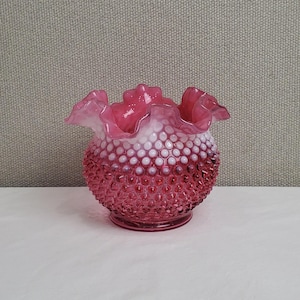 Vintage Fenton Cranberry Opalescent Hobnail Ruffled Vase