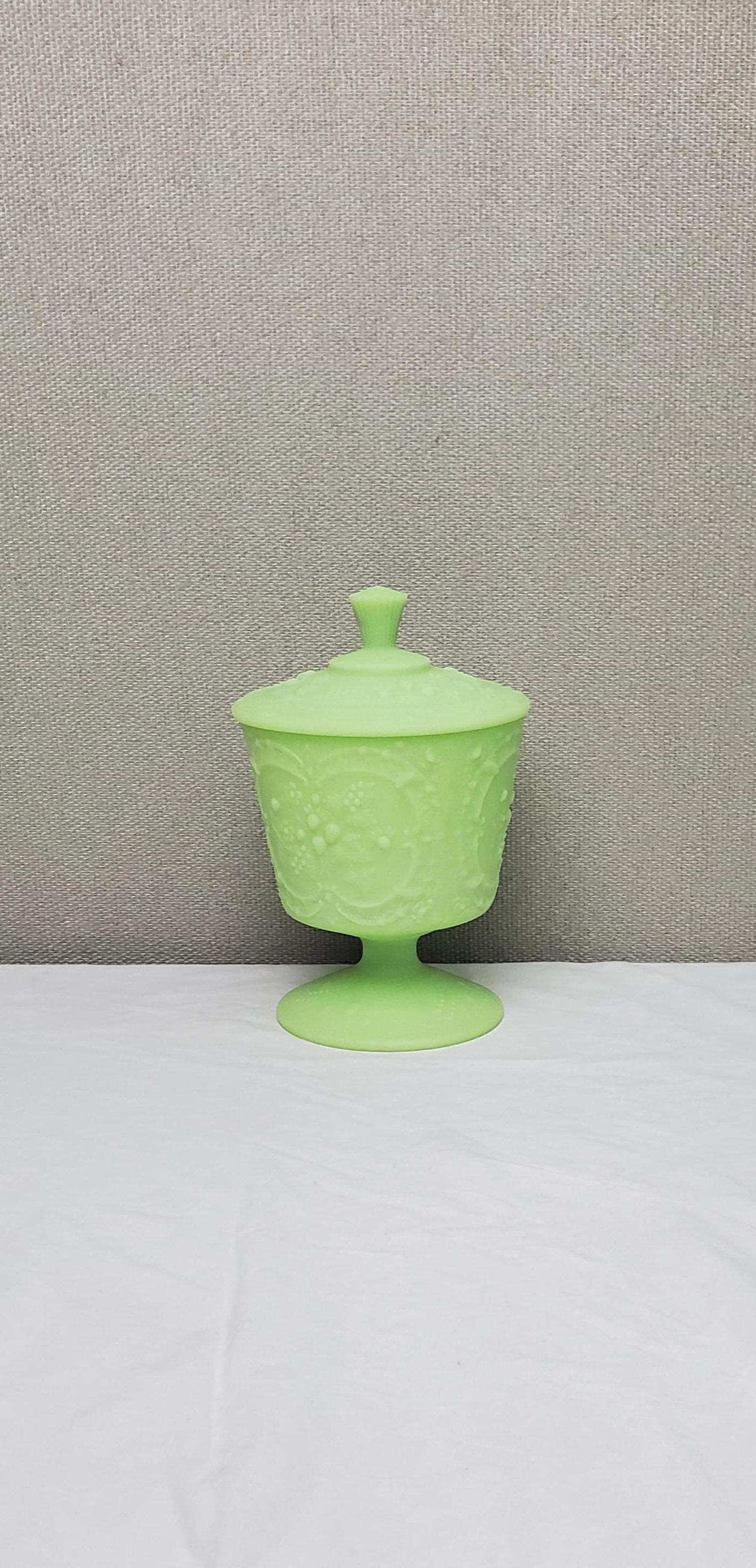 Fenton Uranium Glass Covered Candy Dish, Vintage Fenton Candy Dish, Lime Green Satin Candy Dish, Wild Strawberry Pattern