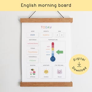 Anglais calendrier quotidien, calendrier circulaire du matin, mois, saison, météo | Décoration de classe imprimable pour l'école à la maison | Téléchargement numérique