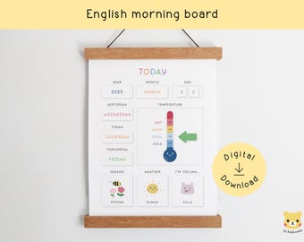 Engelse dagkalender, ochtendkalender met cirkeltijd, maandseizoen, weer | Afdrukbaar homeschool klaslokaal decor | Digitale download