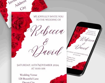Floral Wedding Invite kit Customisable Template create both Digital and Printable Invitations Including Envelope template Red Flowers Design