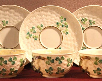 Beleek shamrock tea cups and saucers - set of 3  Makers Mark 1891 - 1926