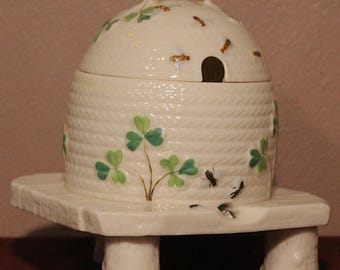 Unique antique Belleek honeypot with shamrock pattern.  Makers Mark 1891-1926