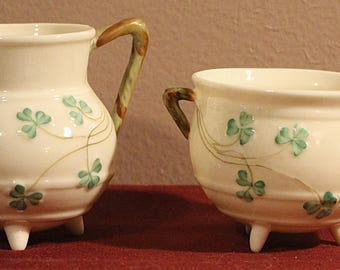 Belleek creamer and sugar bowl with shamrock pattern.  Makers Mark 1926-1946