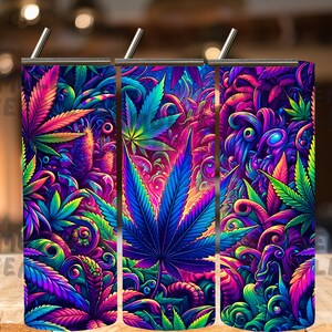May include: Three colorful stainless steel tumblers with a psychedelic design featuring green, blue, and purple marijuana leaves and swirls.