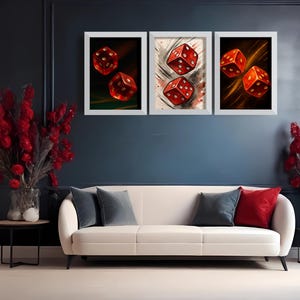 CONJUNTO DE 3 ARTE DE PAREDE COM DADOS VERMELHOS - DECORRÊNCIA DE CASSINO, ESTILO AQUARELA E TINTA, PÔSTER DE SALA DE JOGOS DE APOIO, IMPRESSÃO DE DADOS DA LUCRA, PRESENTE COM VISUAL DE VEGETARIANO PARA ELE