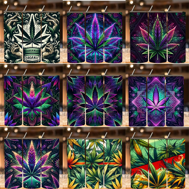 May include: Set of three 20 oz stainless steel tumblers with a colorful cannabis leaf design. The tumblers feature a variety of designs, including a psychedelic mandala, a simple leaf, and a more realistic leaf with a wood grain background. The tumblers are perfect for keeping drinks cold or hot.