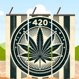 Puede incluir: Un gr&aacute;fico en blanco y negro de una hoja de marihuana con el n&uacute;mero 420 en un c&iacute;rculo. El gr&aacute;fico est&aacute; sobre un fondo a rayas blanco y negro.