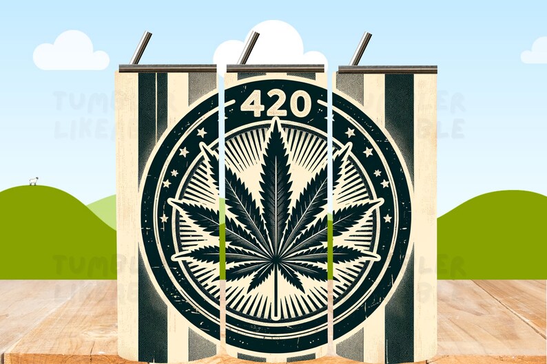 Puede incluir: Un gr&aacute;fico en blanco y negro de una hoja de marihuana con el n&uacute;mero 420 en un c&iacute;rculo. El gr&aacute;fico est&aacute; sobre un fondo a rayas blanco y negro.