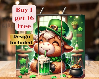 Highland Cow St Patrick's Day Tumbler Wrap, Tumbler Bundle Wrap 20 oz Skinny ,Skinny Tumbler PNG ,sublimation design ,instant download