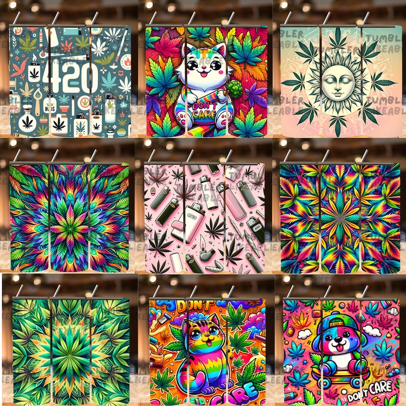 May include: Set of nine colorful sublimation designs featuring marijuana leaves, lighters, a cat, a dog, and a sun. The designs are perfect for creating custom tumblers, mugs, or other items.